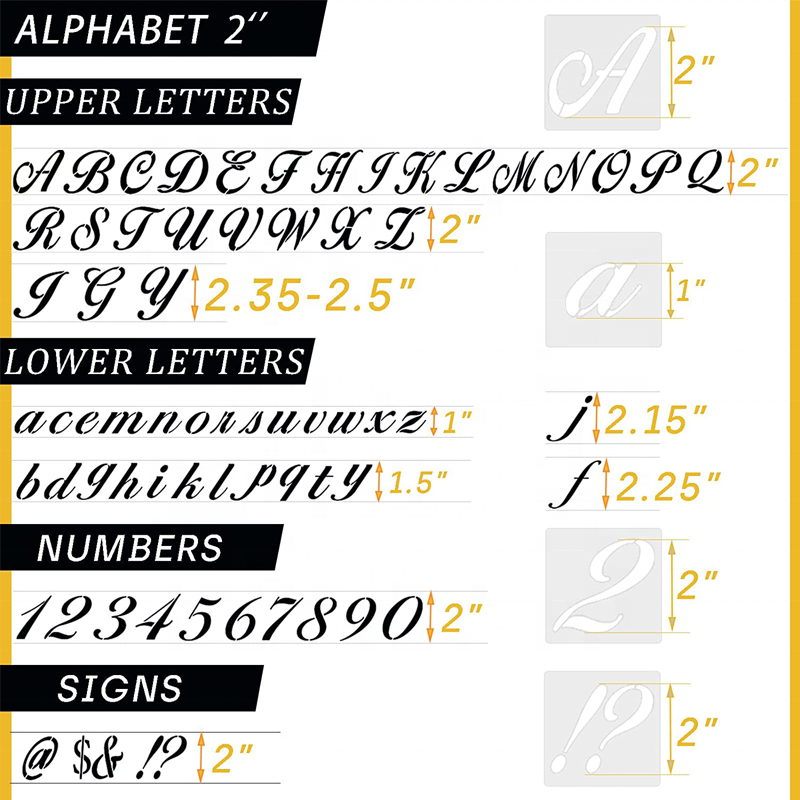 2 Inch Alphabet Stencil Set – Calligraphy, Cursive Letters, Numbers & Symbols