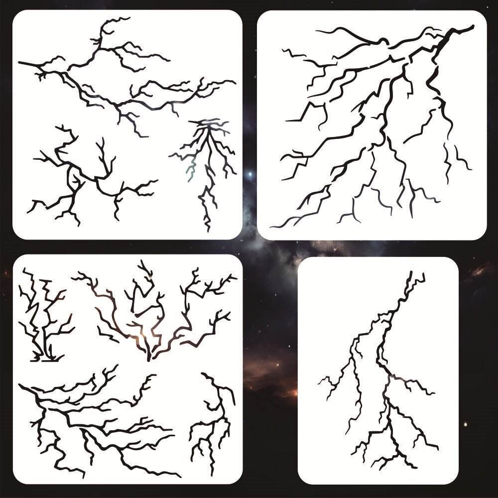 4PCS Lightning DIY Stencil Set — 12×12 Inch Reusable Plastic Templates for Walls & Wood